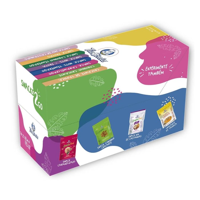 display com 10 unidades de snack nuts de frutas